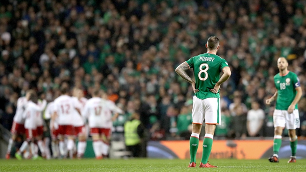 Daryl Murphy reacts to Denmark's second goal in the 5-1 defeat at the Aviva Stadium