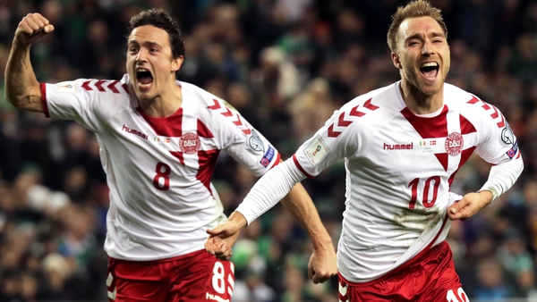 Thomas Delaney, left, and Christian Eriksen, celebrate Denmark's World Cup play-off victory over Ireland