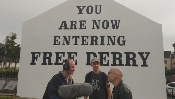 The Occupation presenter Micheal Bradley, with Derry Anti-War Movement member Eamonn McCann and producer Declan McGrath, on location in Derry