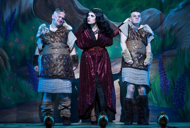 The Evil Stepmother Kathryn Rutherford with Double Trouble Donncha O'Dea (left) and Stephen O'Leary