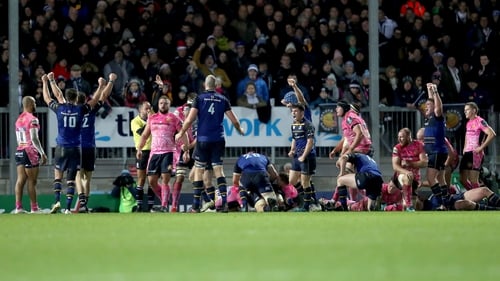 Leinster players celebrate Jack Conan's try in the second half