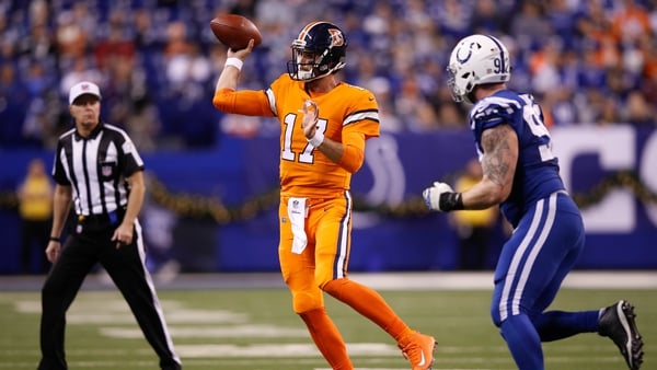 Brock Osweiler of the Denver Broncos throws a pass against the Indianapolis Colts