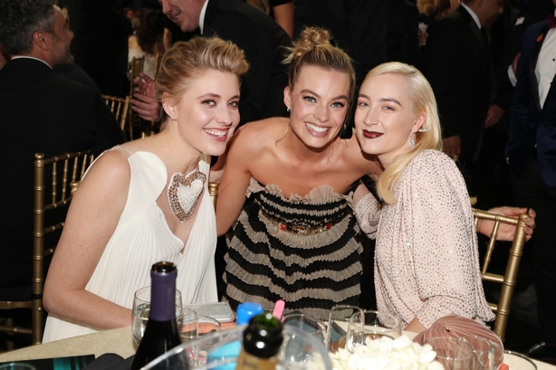 Pals Lady Bird director Greta Gerwig and star Saoirse with I.Tonya's Margot Robbie in between