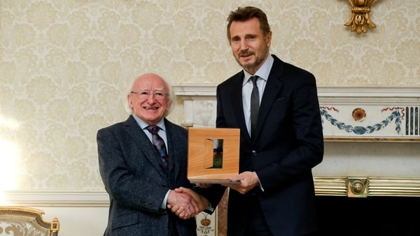 President Michael D Higgins and Liam Neeson. Image: Twitter.com/PresidentIrl