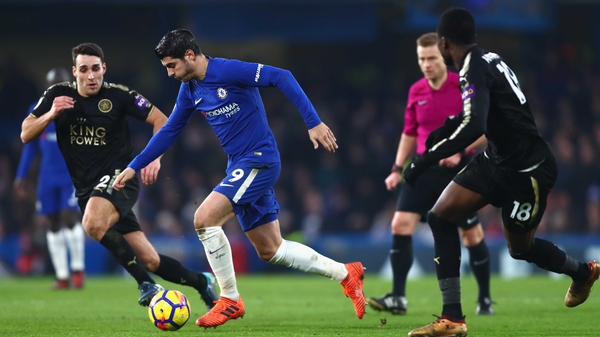 Alvaro Morata of Chelsea in action against Leicester