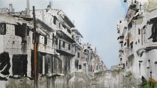 Brian Maguire 
Aleppo 4 2017
acrylic on linen
200 x 400 cm
78.7 x 157.5 in  
Photo: Guy Hassert
Image courtesy the artist and Fergus McCaffrey, New York & Tokyo