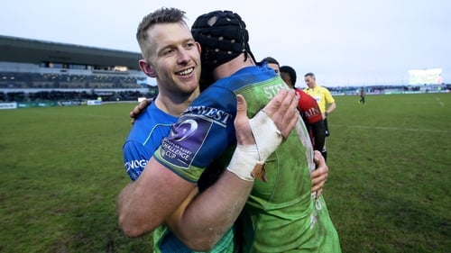 Matt Healy and John Muldoon embrace after the victory over Oyonnax