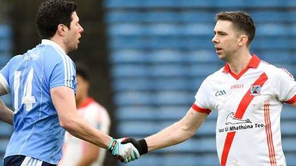 Seán Cavanagh and Marc Ó Sé shake hands before the game (Pic: AIB GAA Twitter)