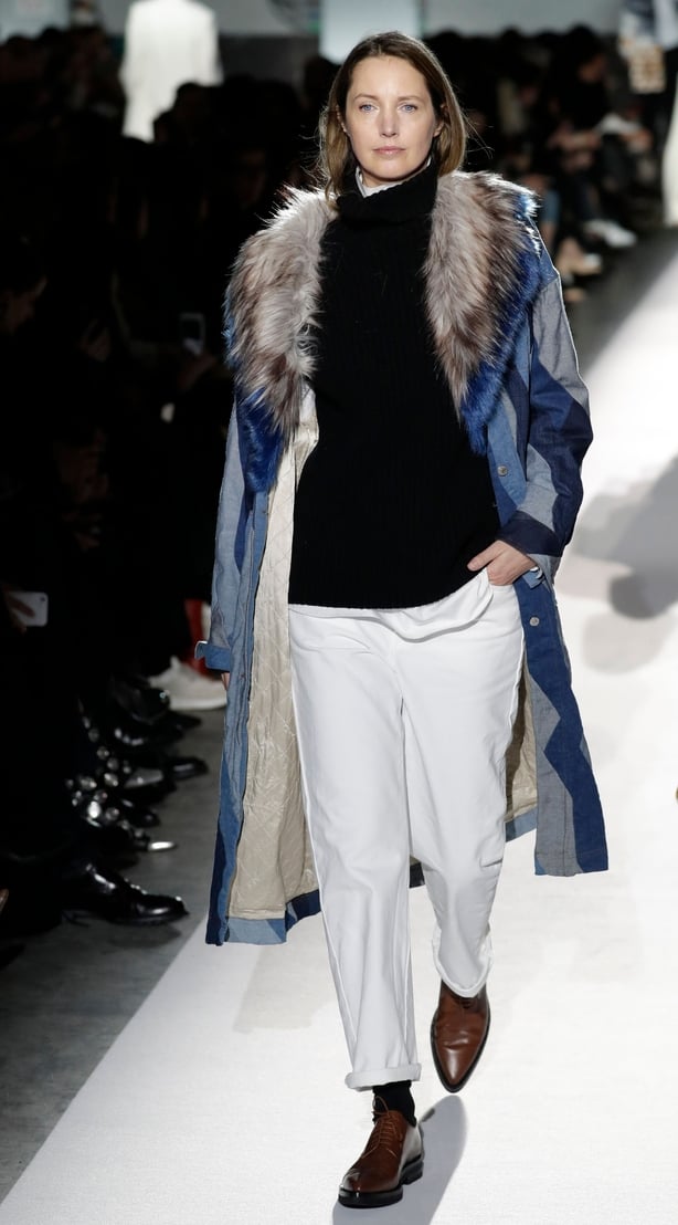 Cecilia Chancellor presents a creation by Dries Van Noten during the women's Fall-Winter 2017-2018 ready-to-wear collection fashion show in Paris on March 1, 2017
