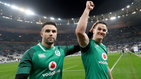 Conor Murray and Johnny Sexton after the game in Paris