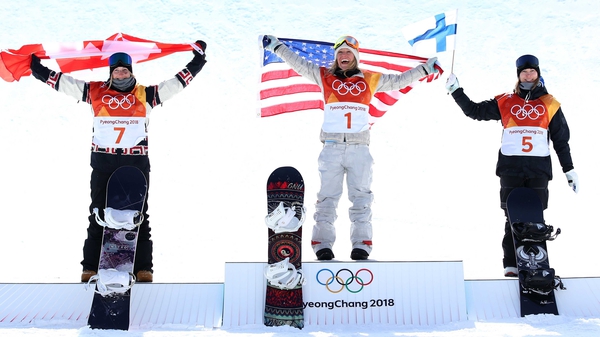 (L to R): Silver medalist Laurie Blouin of Canada, gold medalist Jamie Anderson of the United States and bronze medalist Enni Rukajarvi of Finland.