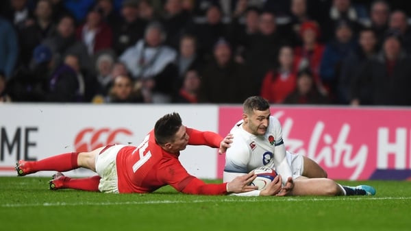 England's Jonny May slides in for a try in their 12-6 victory over Wales at Twickenham