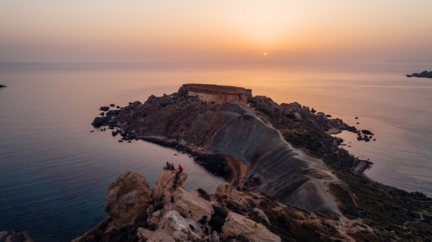 Aerial of Riveria Bay, Malta at sunset