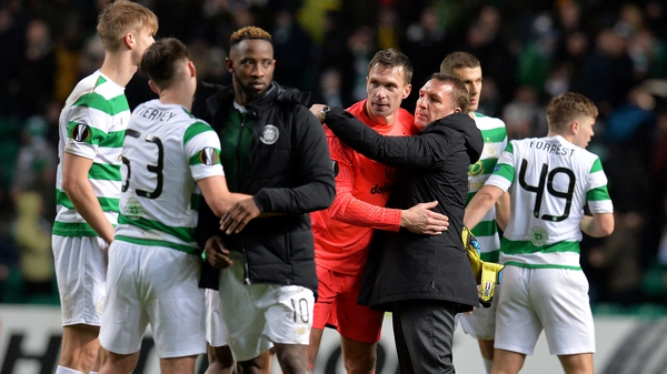 Brendan Rodgers congratulates his Celtic players after their victory over Zenit St Petersburg
