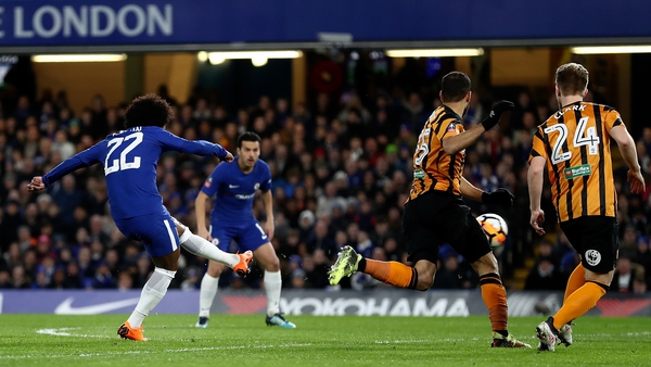 Willian of Chelsea fires home the opening goal
