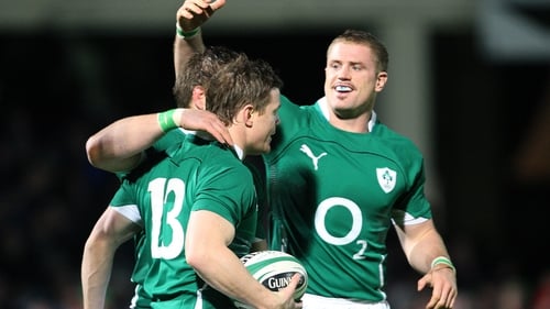 Brian O'Driscoll (13) and Jamie Heaslip (r) won two Six Nations titles together for Ireland