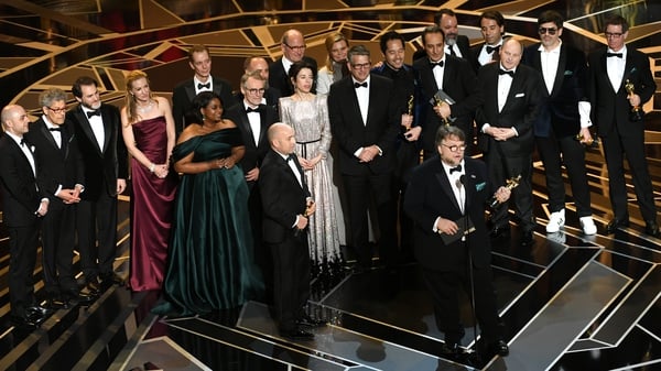 The Shape of Water's Guillermo del Toro (front and centre) - Savouring Best Picture and Director Oscars among his film's four wins