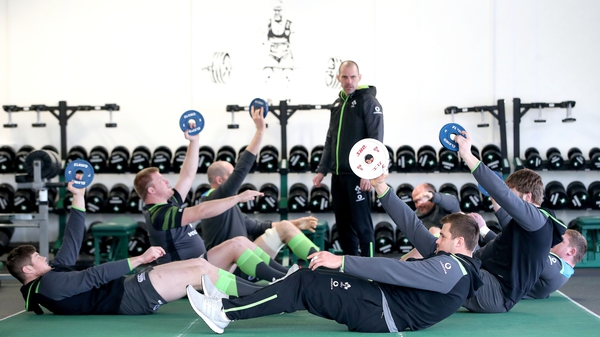 Jack O'Donoghue, John Ryan, Devin Toner, Rory Best, Tadhg Furlong, Iain Henderson and CJ Stander are put through their paces by fitness coach Jason Cowman
