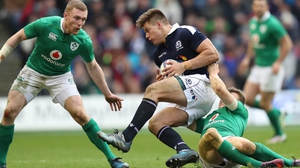 Huw Jones suffered a knee injury against Ireland