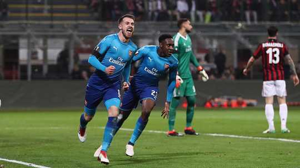 Aaron Ramsey celebrates his first half goal in Arsenal's 2-0 win away to AC Milan
