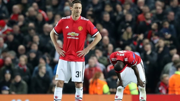 Manchester United's Nemanja Matic and Eric Bailly (R) during United's defeat to Sevilla