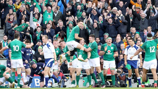 Ireland celebrate Sean Cronin's try, their fourth, against Scotland