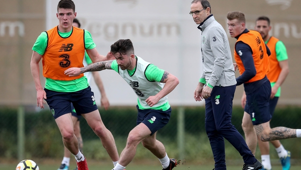Martin O'Neill involved in the team training session with the uncapped Declan Rice, left and Seanie Maguire