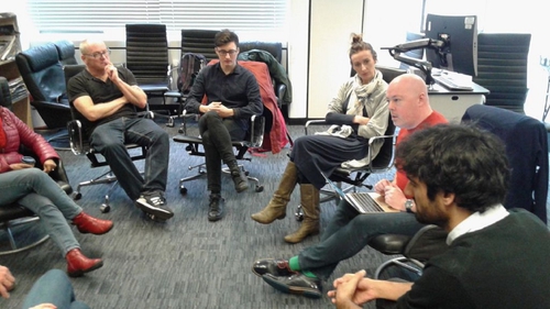 Author and Book Show guest host John Boyne (second from right) with students at UEA