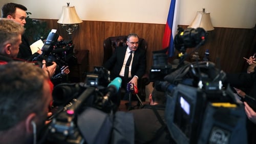 Russian Ambassador to Ireland, Yury Filatov, talks to reporters
