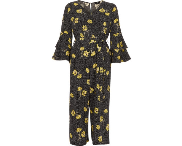 River Island Petite Black Floral Spot Frill Jumpsuit