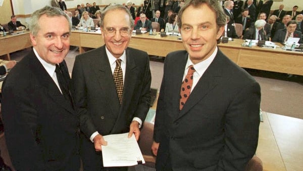 Taoiseach Bertie Ahern, US Senator George Mitchell and British Prime Minister Tony Blair after signing the Good Friday Agreement in 1998