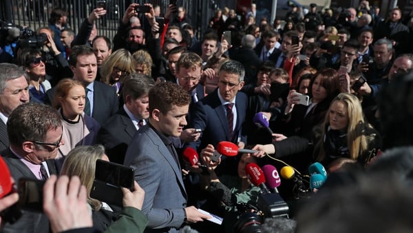Paddy Jackson speaks to media and members of the public outside the courthouse