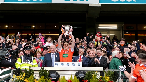 Rory Gruggan holds aloft the Division 3 title as Armagh beat Fermanagh by two points in Croke Park