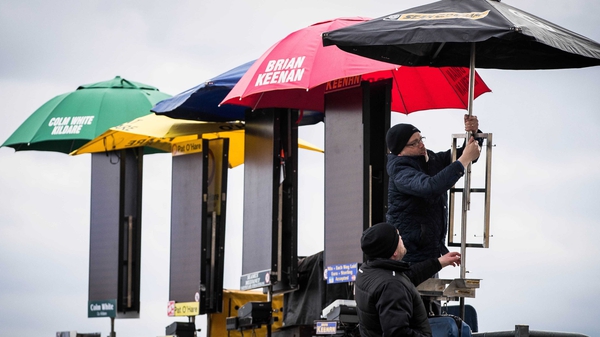 Bookies prepare their stalls ahead of the day's racing. Photo: RTÉ