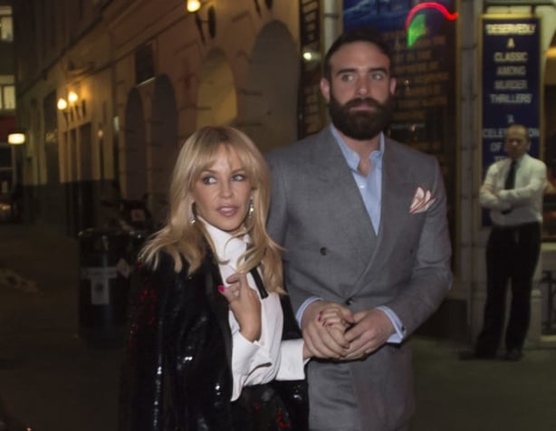 Kylie Minogue and Joshua Sasse arrive at The Ivy, London, where Kylie Minogue will perform to a small VIP group.
