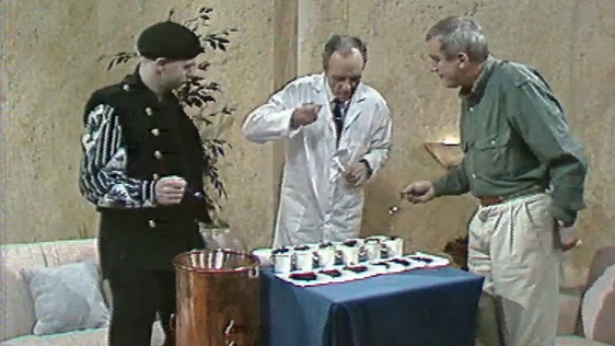 Brush Shiels, Owen Dawson and Shay Healy tasting tea in the Evening Extra studio (1988)