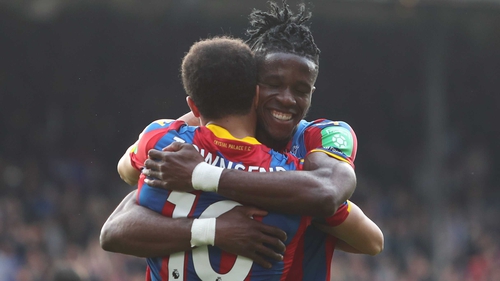 An elated Wilf Zaha celebrates after Crystal Palace's crucial win