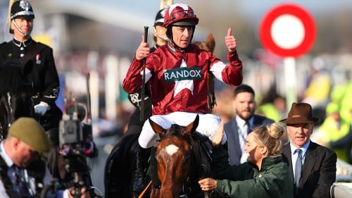 Davy Russell celebrates aboard Tiger Roll