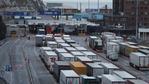 Trucks queue up at the port of Dover in southern England