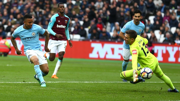 Gabriel Jesus shoots past West Ham goalkeeper Adrian during Man City's 4-1 victory over West Ham United