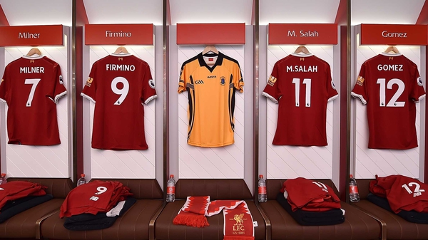 A St Peter's shirt hangs in the dressing room at Anfield