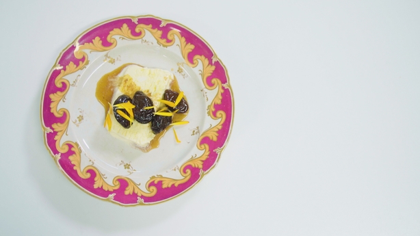 Jasmine Tea and Lemon Parfait with Tea-Soaked Prunes and Marigold