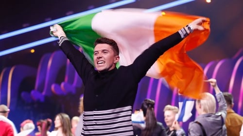 Ryan O'Shaughnessy celebrates getting through to the Eurovision Final