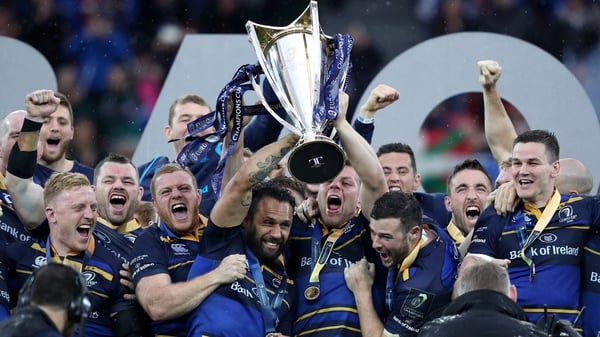 Leinster's Isa Nacewa and Jordi Murphy lift the European Rugby Champions Cup trophy