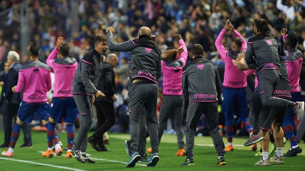 Levante's bench erupts during their incredible win against Barcelona