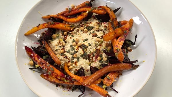 Roasted Almond Hummus with Roasted Carrots, Beetroot, Hazelnuts and Pumpkin Seeds
