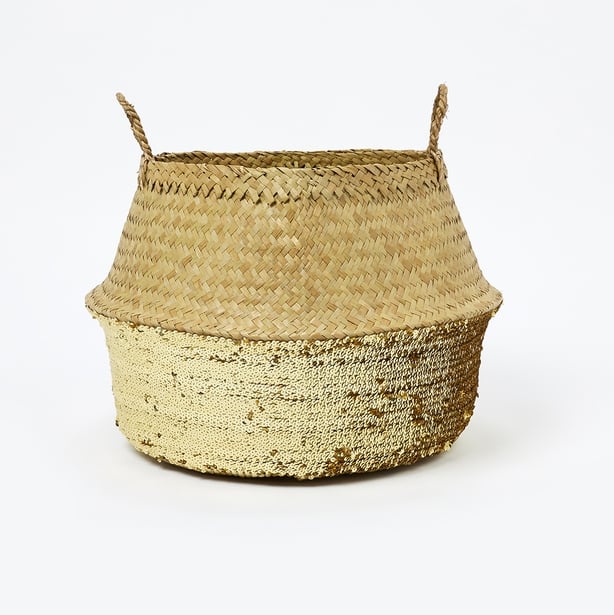 Gold sequin belly wicker basket