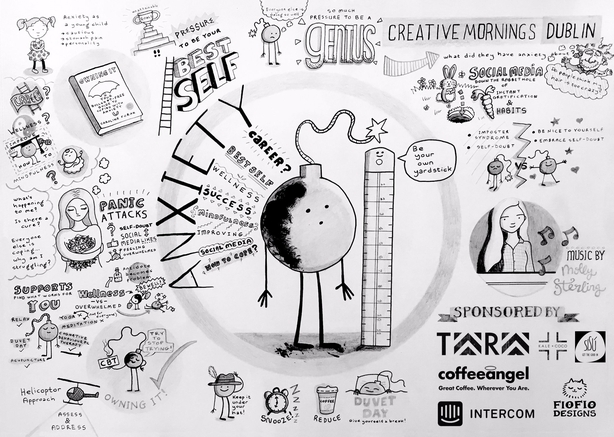 Fíona Ní Bhroin created this illustrated sketch note for a 'Creative Mornings' talk on Anxiety by Caroline Foran last year - check it out below.