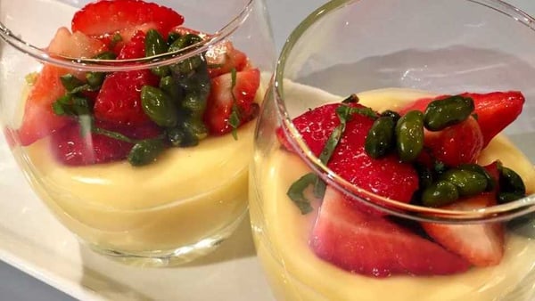 Wade Murphy makes a Lemon Posset with Marinated Strawberries and Honey Crushed Pistachios.