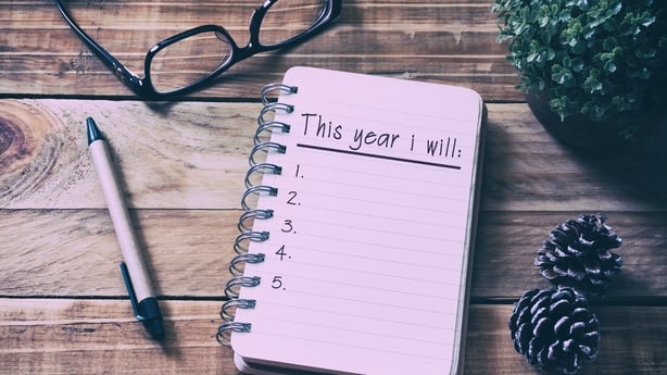 New Year Resolutions List on Notepad on Top of Wood Des